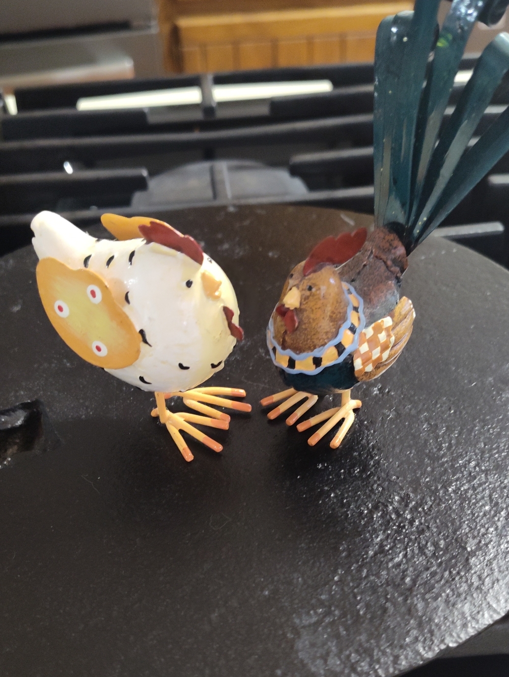 Decorative Pair of Metal Chicken Figurines - Multicolor